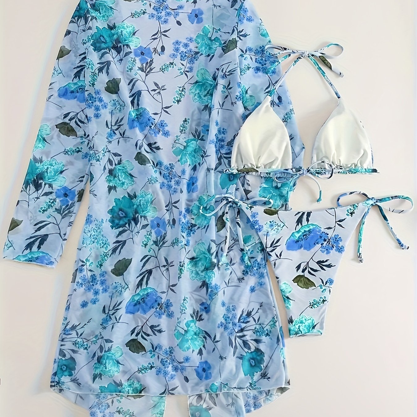 European Style Floral Print 3 Piece Swimsuit Set