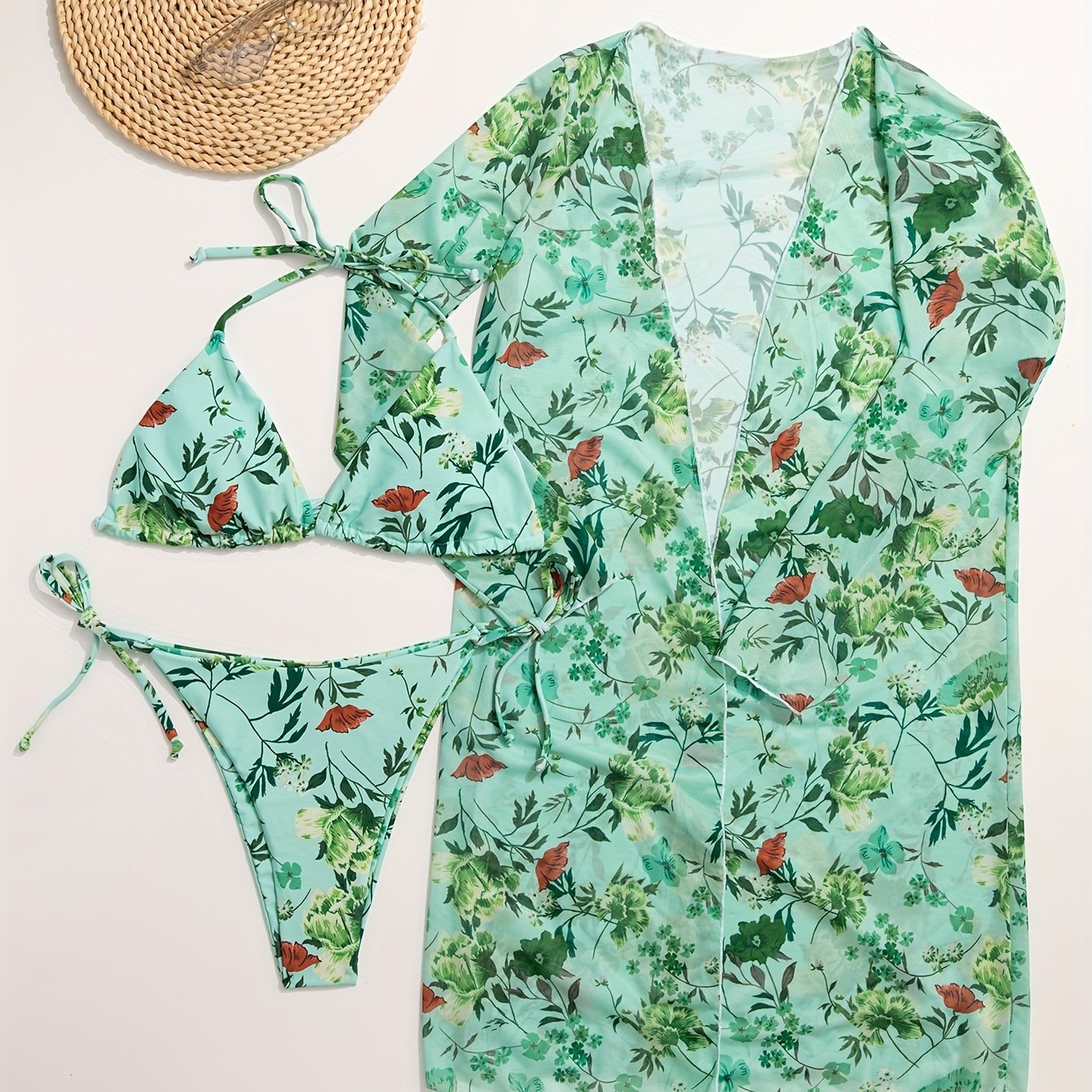 European Style Floral Print 3 Piece Swimsuit Set