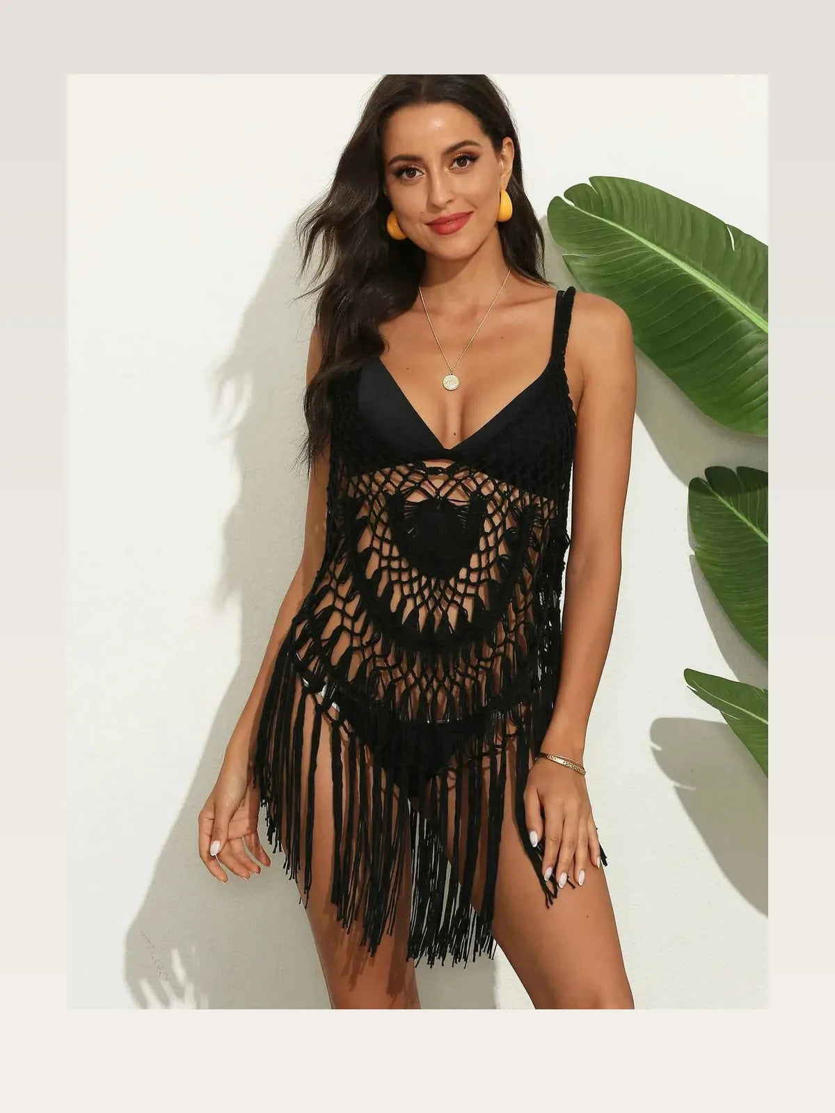 Black Tie-Dye Open Knit Crochet Fringe Beach Cover Up