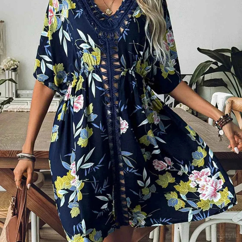 Crochet Front V-Neck Printed Cover-Up