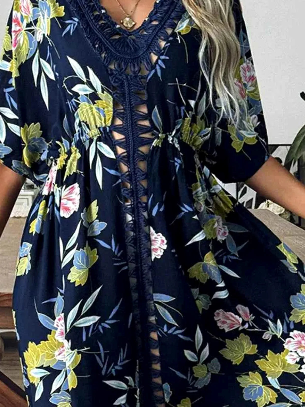 Crochet Front V-Neck Printed Cover-Up