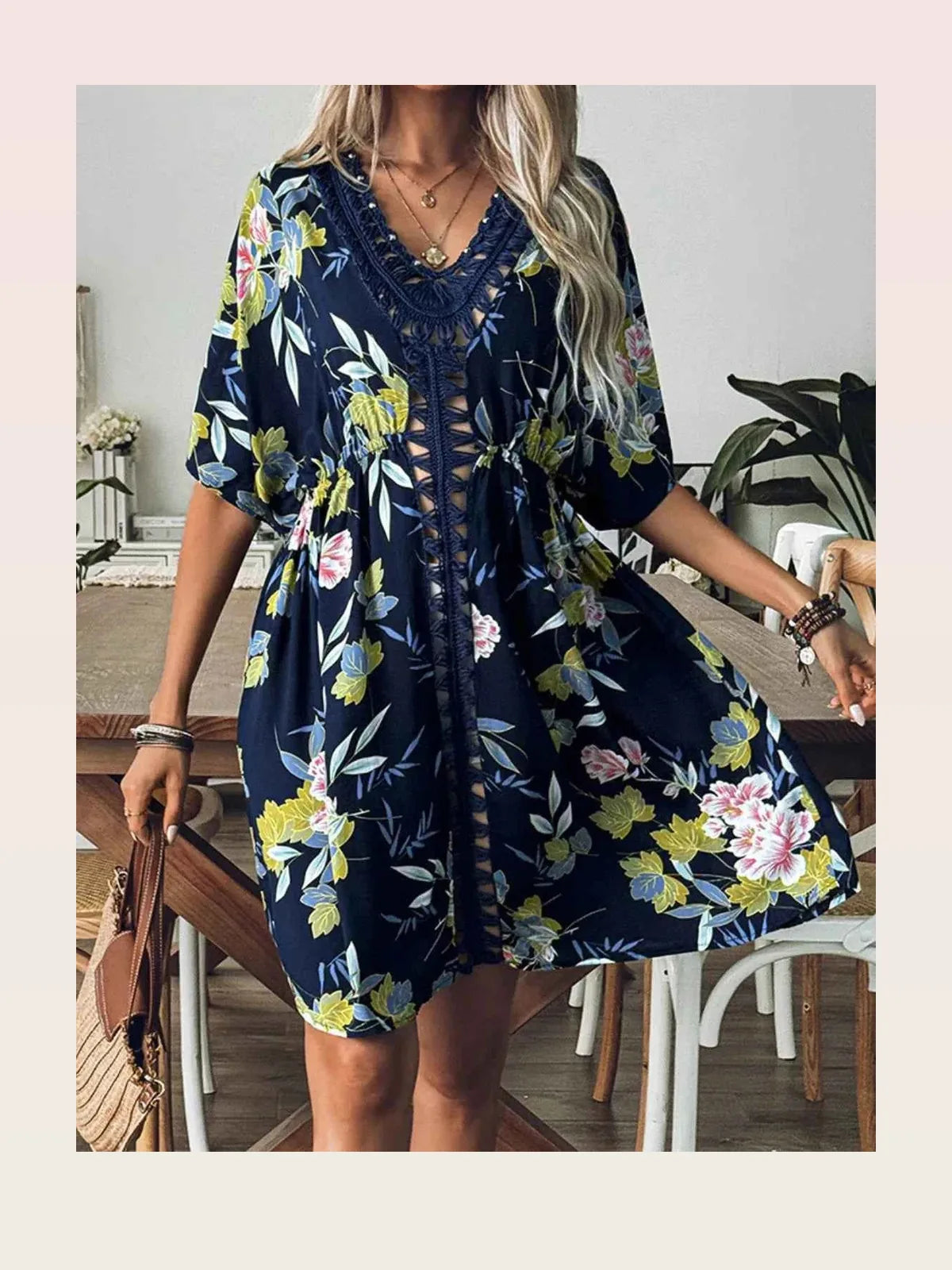 Crochet Front V-Neck Printed Cover-Up