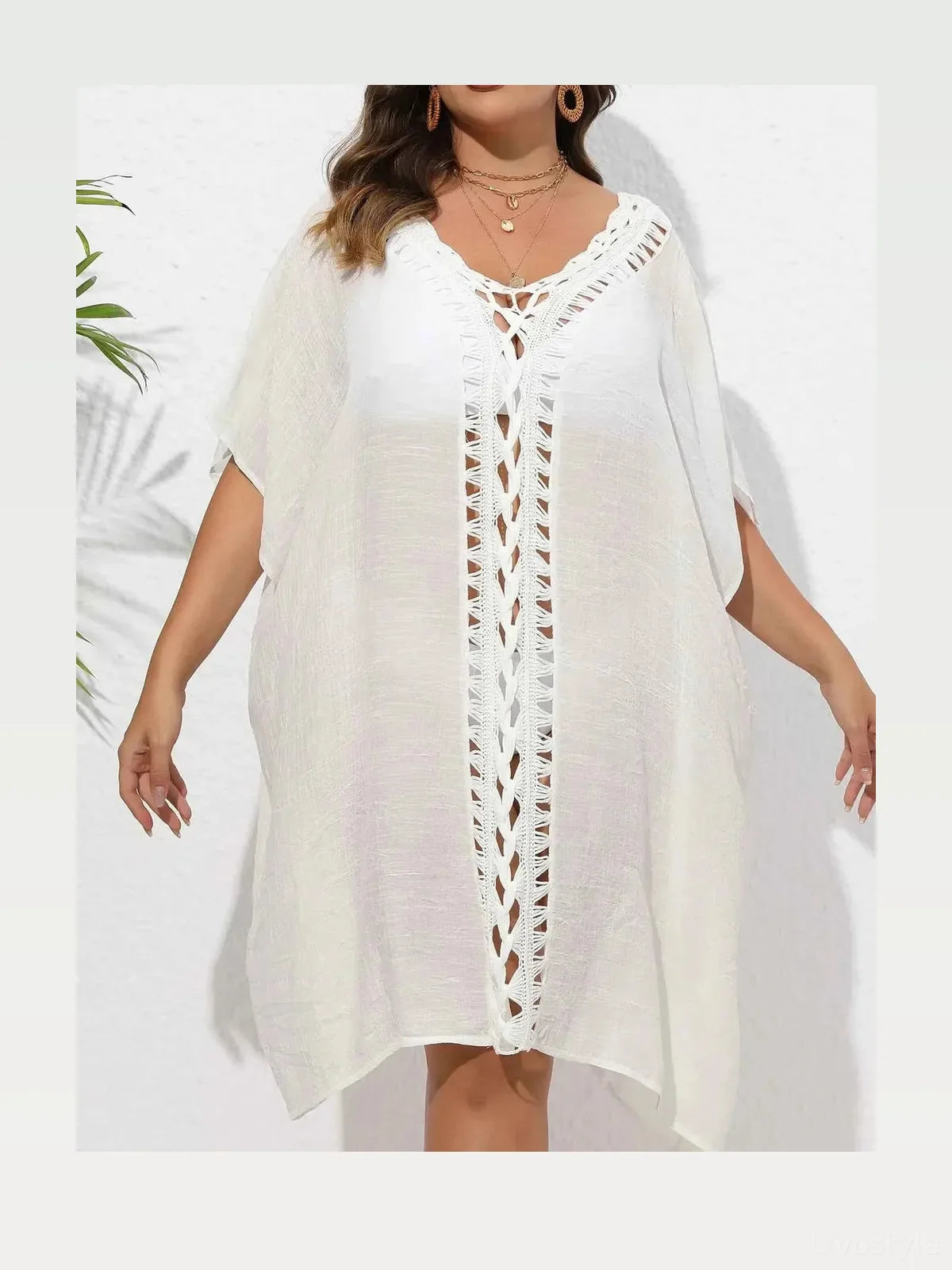 Crochet Trim V-Neck Beach Cover Up Dress