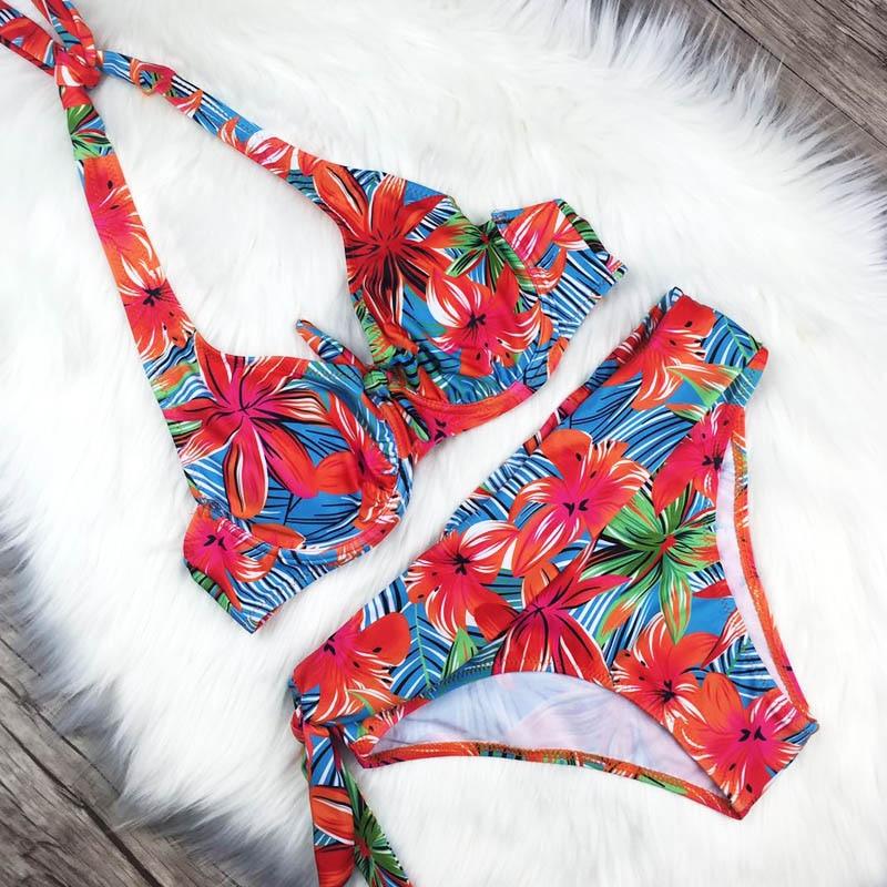 High Waist Two Piece Swimsuit with Tummy Control Bottoms and Push Up Top