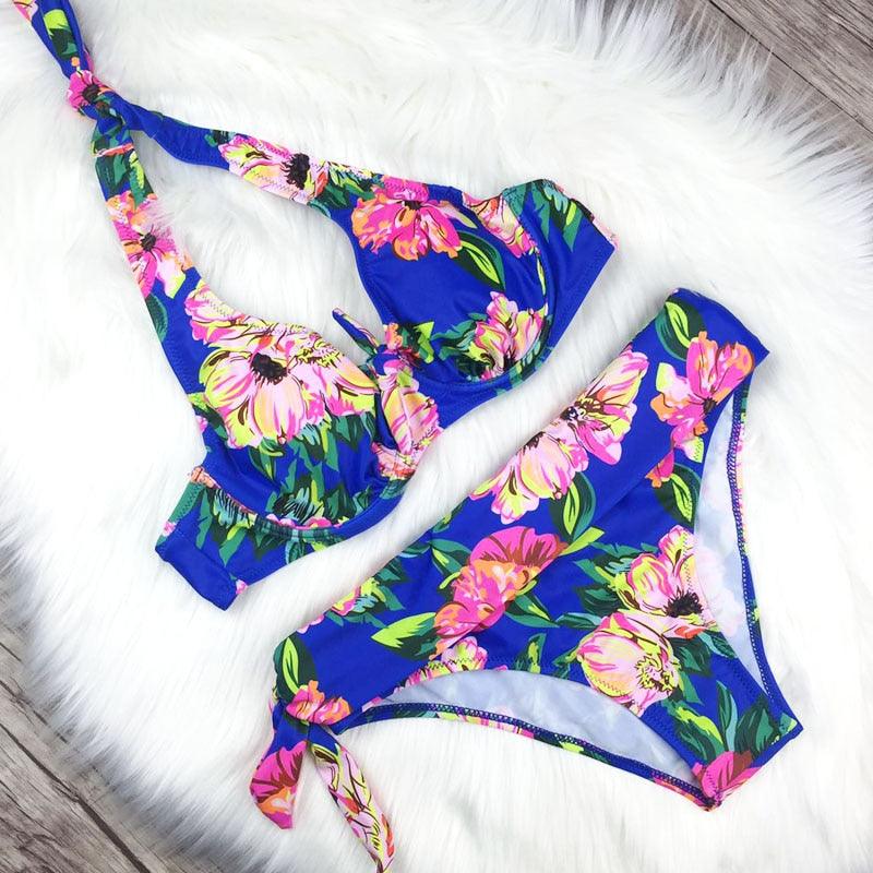 High Waist Two Piece Swimsuit with Tummy Control Bottoms and Push Up Top